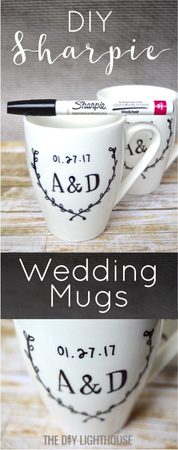 How to make DIY Sharpie mugs with the bride and groom 's initials and wedding date. DIY Sharpie wedding mugs is a cute and personalized wedding present craft idea. Use oil based Sharpie marker to write on mug for a DIY gift. Cute and homemade wedding present idea for a loved one or friend getting married. Special way to remember your wedding day. Cute Valentine's day or anniversary gift idea to your wife or husband. 