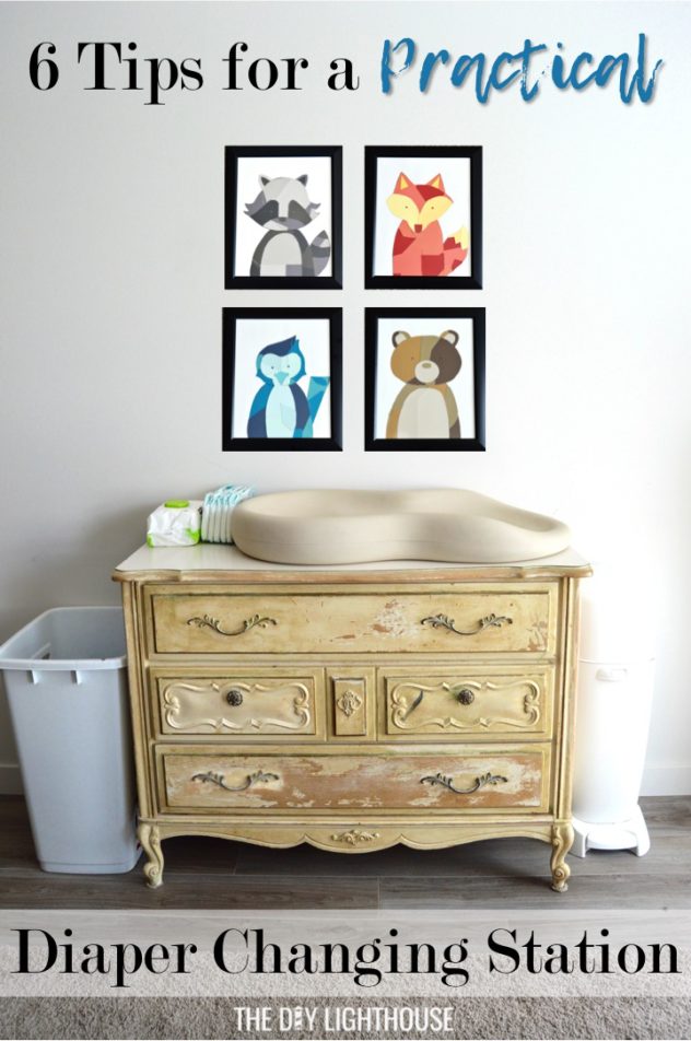 Tips for how to make a practical diaper changing station. Changing table ideas like: repurpose a dresser, get a Diaper Genie, buy diapers and wipes in bulk, baby changing pad + more ideas for your baby's nursery. DIY dresser changing table hack. Tips and tricks for when baby comes like where to go shopping for a diaper pail.