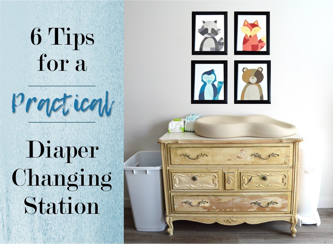 6 tips for how to make a practical diaper changing station. Changing table ideas like: repurpose a dresser, get a Diaper Genie, buy diapers and wipes in bulk, baby changing pad + more ideas for your baby's nursery. DIY dresser changing table hack. Tips and tricks for when baby comes like where to go shopping for a diaper pail.