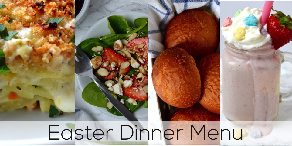 Nestlé inspired easy Easter dinner menu for the family. Fresh, springtime dinner with vegetable lasagna main course, strawberry spinach salad, rolls, + milkshake dessert.