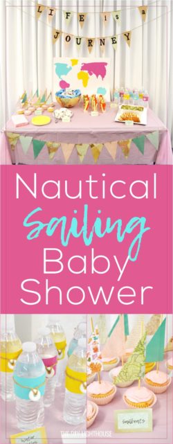 Sailing baby shower inspiration with a nautical theme. Food, party decorations, invitation, games, + gift ideas for an adventure sailing girl's baby shower. Pink, yellow, blue, green, orange, aqua. Bright and pastel colors for a GIRL. Baby Shower ideas and inspiration. Sailboats, drinks, salt water taffy, goldfish, etc.