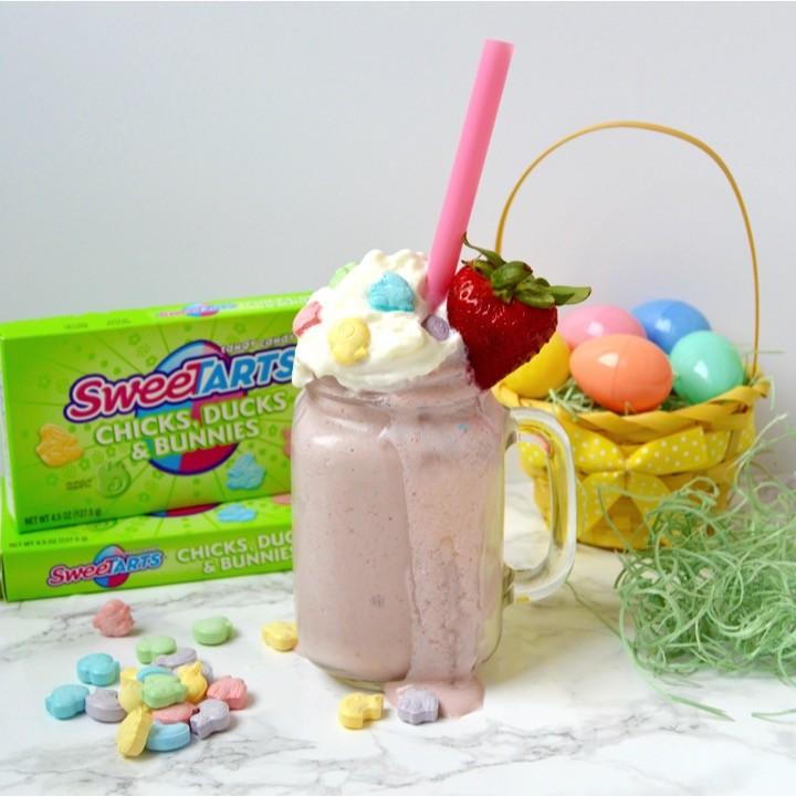 SweeTARTS ice cream milkshake | Easy Easter dinner menu for the family. Fresh, springtime dinner with vegetable lasagna main course, strawberry spinach salad, rolls, + milkshake dessert.