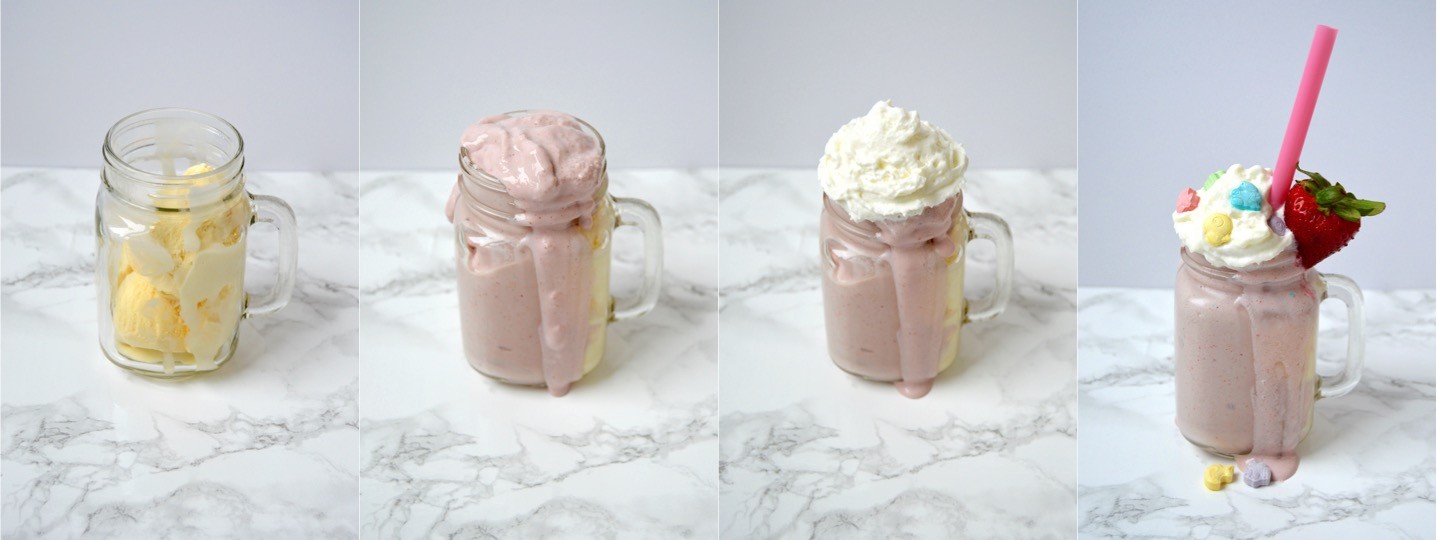 SweeTARTS ice cream milkshake tutorial and recipe | Easy Easter dinner menu for the family. Fresh, springtime dinner with vegetable lasagna main course, strawberry spinach salad, rolls, + milkshake dessert.