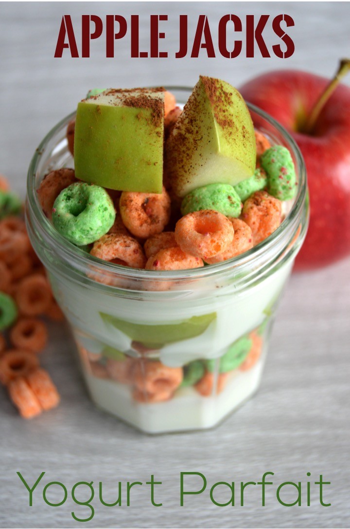 APPLE JACKS CEREAL YOGURT PARFAIT with vanilla yogurt, apples, and cinnamon | Fun breakfast idea for the kids | Breakfast recipe for a cereal yogurt parfait with fruit. Ideas for Kellogg cereal parfait: Apple Jacks, Froot Loops, and Frosted Flakes.