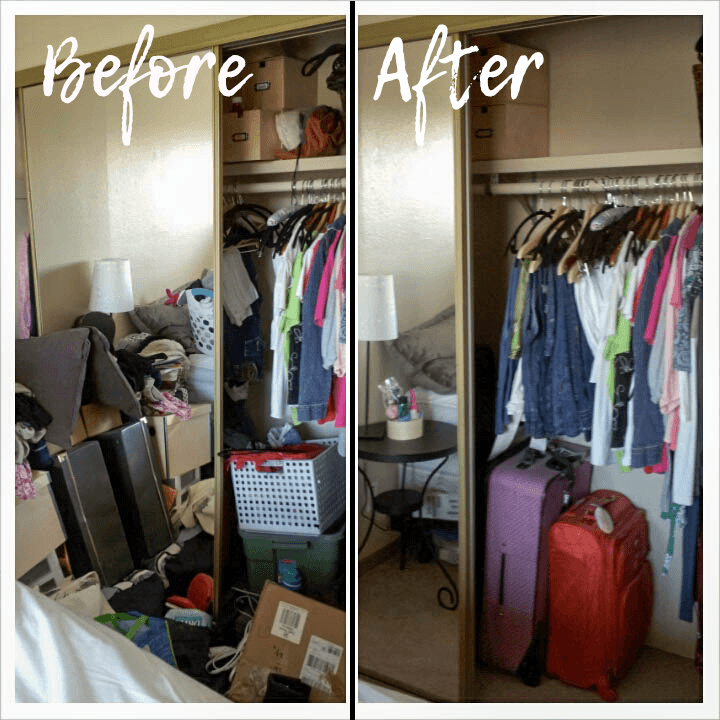 Bedroom and closet before and after purging and organizing