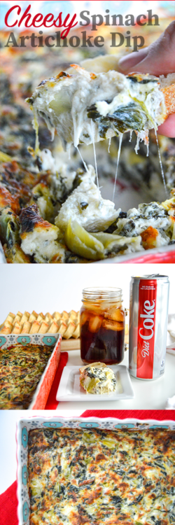 #ad | Cheesy spinach artichoke dip recipe that's easy and cheesy. Includes ingredients and directions. Oven baked and served with baguette and Diet Coke. Perfect appetizer for party food or dinner. #ItsAMatch #DietCoke #CollectiveBias