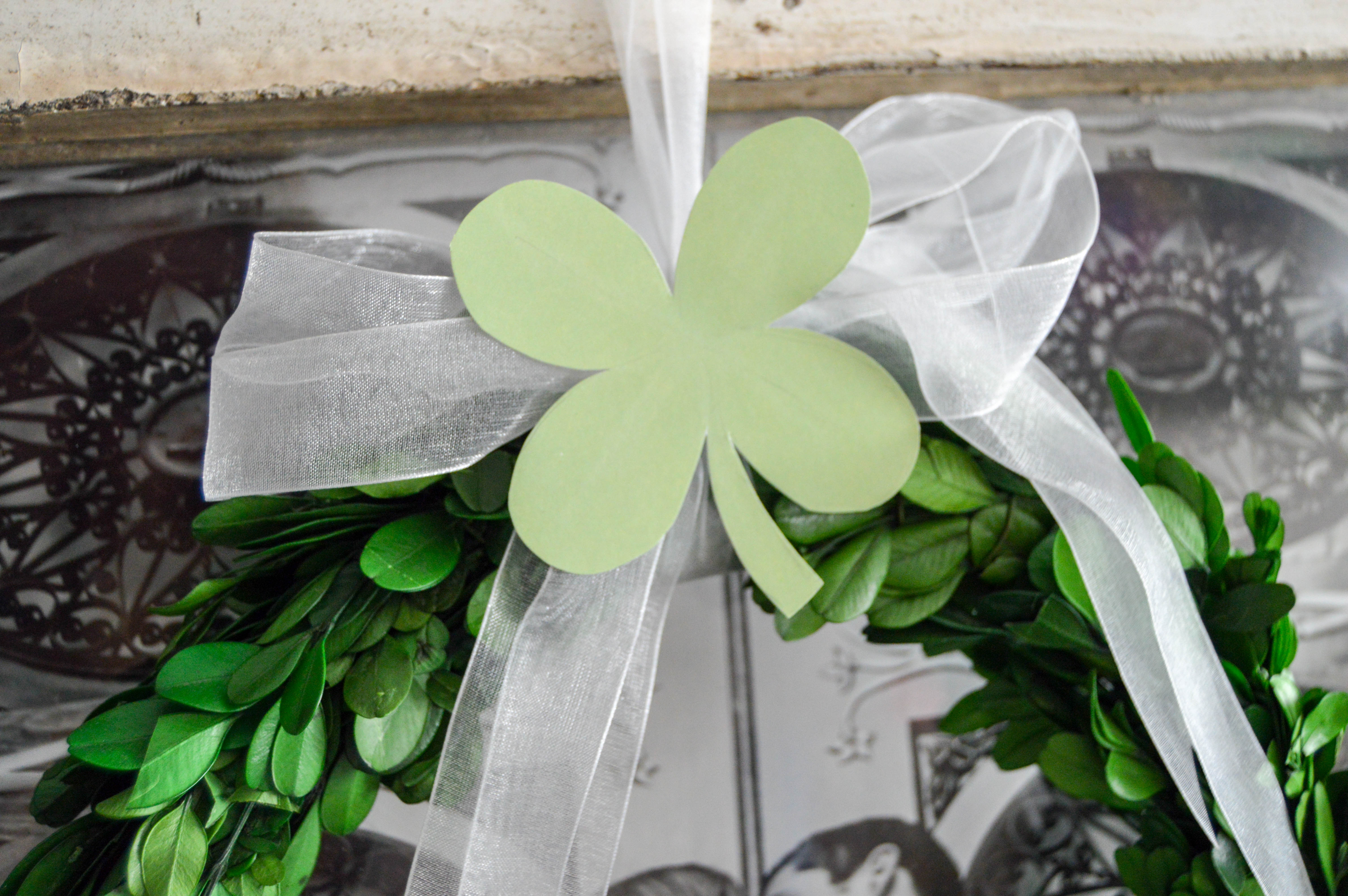 Four leaf clover on St Patricks Day boxwood wreath