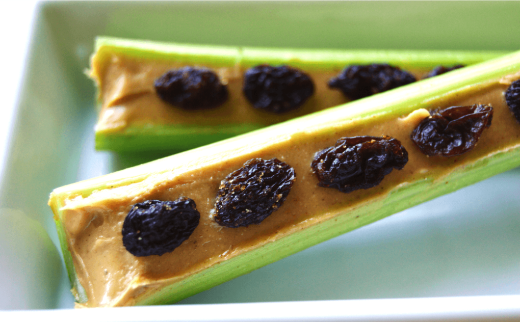 Ants on a log. Healthy snack ideas for kids (and adults). This list has a variety of snacks that are yummy and healthy for kids and easy and simple for adults to make.