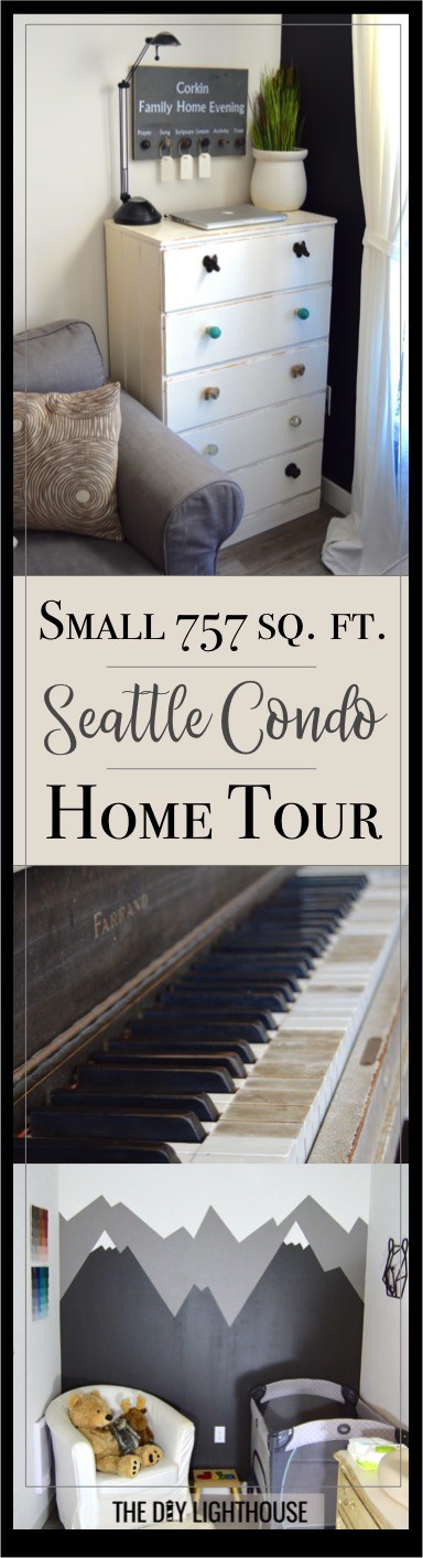 Small Seattle condo home tour. A virtual home tour of our little 757 square foot condo in the city. Family friendly farmhouse style on a modern backdrop. A 2017 condo home tour of our kitchen, living room, entryway and hallway, bedroom, nursery and den, and bathroom.