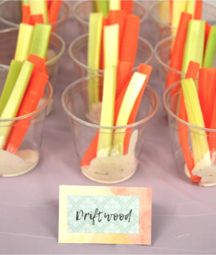 Carrots and celery sticks as Driftwood. Themed nautical food. Sailing baby shower inspiration with a nautical theme. Food, party decorations, invitation, games, + gift ideas for an adventure sailing girl's baby shower.