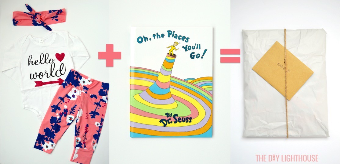 Gifts Hello World outfit and Oh the Places You'll Go Dr. Seuss book. Sailing baby shower inspiration with a nautical theme. Food, party decorations, invitation, games, + gift ideas for an adventure sailing girl's baby shower.
