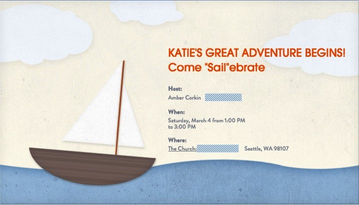 Invitation. Mom's great adventure begins! Come Sail-ebrate. Sailing baby shower inspiration with a nautical theme. Food, party decorations, invitation, games, + gift ideas for an adventure sailing girl's baby shower.