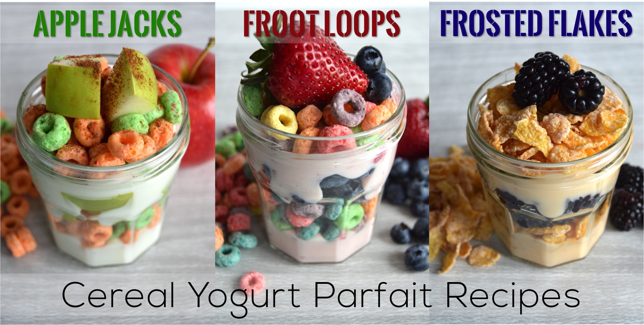 3 Cereal Yogurt Parfait Recipes using Kellogg cereals | Breakfast recipe for a cereal yogurt parfait with fruit. Ideas for Kellogg cereal parfait: Apple Jacks, Froot Loops, and Frosted Flakes. Fun breakfast idea!
