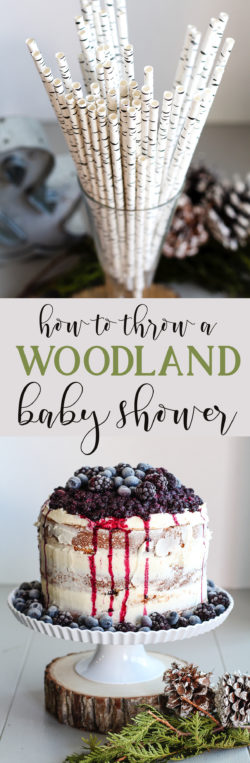 DIY Woodland Themed Baby Shower How-To. Woodsy food and party decoration ideas and inspiration. The perfect event to celebrate an expecting mom and baby boy on the way! Mommy, mother, dessert, berry, forest, tree, ring, stump, sticks, branches, foliage, drinks, cake, dessert, garland, banner, straws.