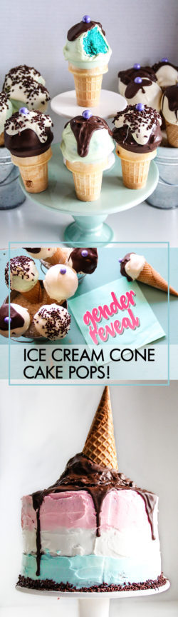 Gender Reveal Ice Cream Cone Cake Pops for pregnancy gender reveal party. How-to for ice cream cone cake pops and ideas for a gender reveal party featuring ice cream! Treats, cake, cake pop, ice cream, dessert, summer, chocolate, pink, blue, cupcake, cone, sprinkles, baby, twins DIY event