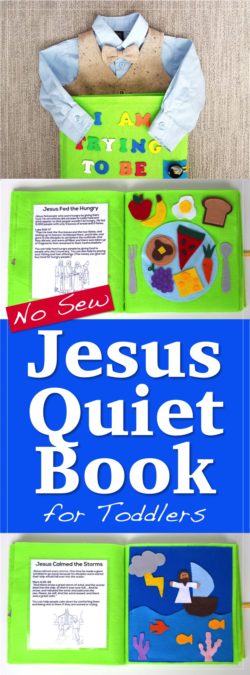 Toddler busy, quiet book for church. This no sew Jesus Quiet Book full of fun activities, Jesus Bible stories, and scriptures just requires some felt, hot glue, and a few other supplies. (No sewing skills needed!) Great for LDS / Mormon moms looking for a way to entertain kids during sacrament meeting and keep them reverant.
