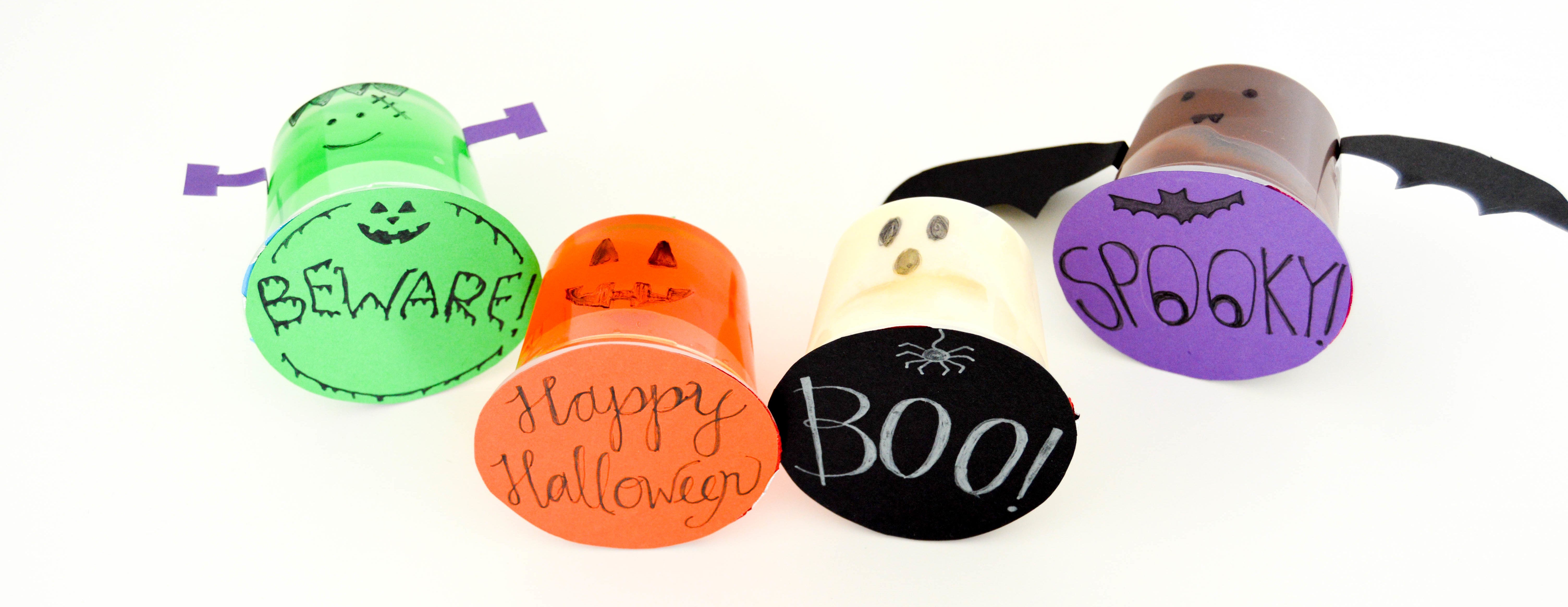 Halloween Pudding Cups & Jello Cups | Cute and easy Halloween craft characters. I made a ghost, pumpkin, bat, and Frankenstein out of my pudding cup and jell-o cup.