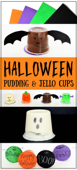 Halloween Pudding Cups & Jello Cups | Cute and easy Halloween craft idea that makes the perfect Halloween treat for school, a party, a party favor, or a gift. Kids will love these Halloween characters. I made a ghost, pumpkin, bat, and Frankenstein out of my pudding cup and jell-o cup.