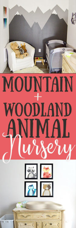Mountain and Woodland Animal Themed Nursery | Small PNW (Pacific Northwest) outdoor theme nursery with mountains + animals for our baby boy. Mountain mural and paint chip art tutorial for woodland feel.
