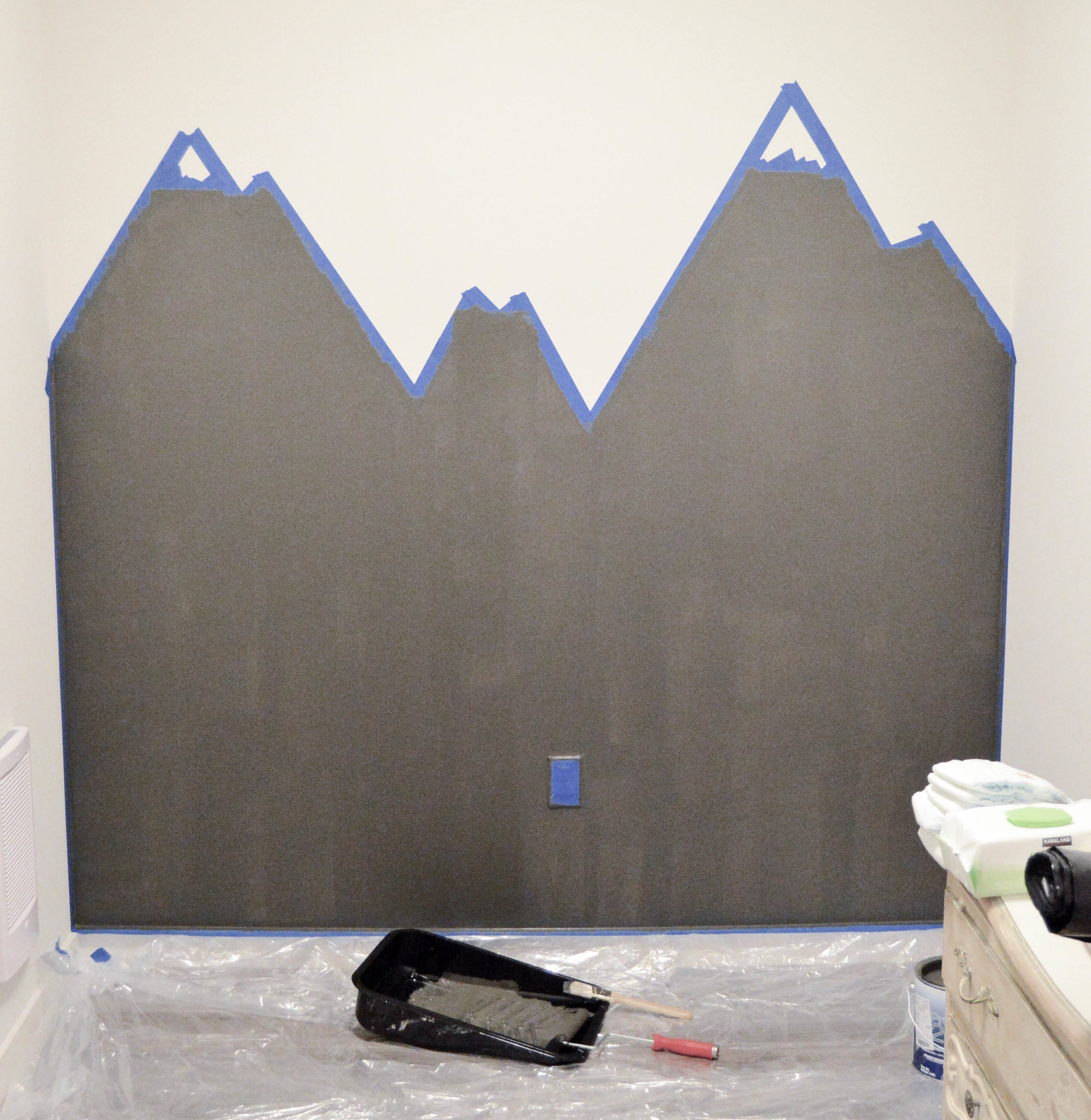 Step 2 Mountain Mural Tutorial - Easy and quick step by step DIY mountain mural tutorial for how to paint a mountain mural on a budget. Cute nursery wall idea for a mountain themed room.
