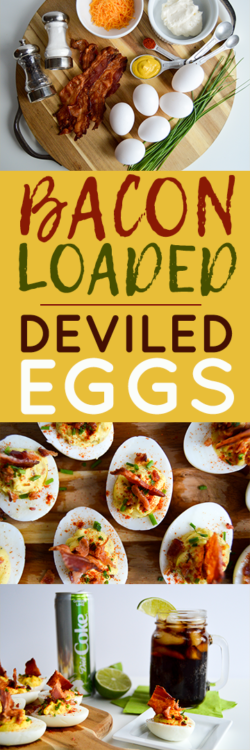 #AD | Yummy recipe for bacon loaded deviled eggs to pair with a chilled Diet Coke Ginger Lime. Makes a bacon bite explosion perfect for your next party! #ItsAMatch #DietCoke #CollectiveBias