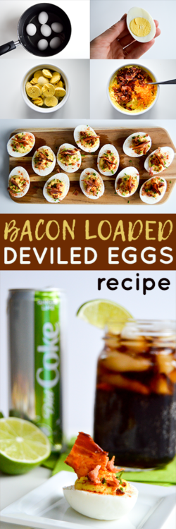 #AD | Yummy recipe for bacon loaded deviled eggs to pair with a chilled Diet Coke Ginger Lime. Makes a bacon bite explosion perfect for your next party! #ItsAMatch #DietCoke #CollectiveBias