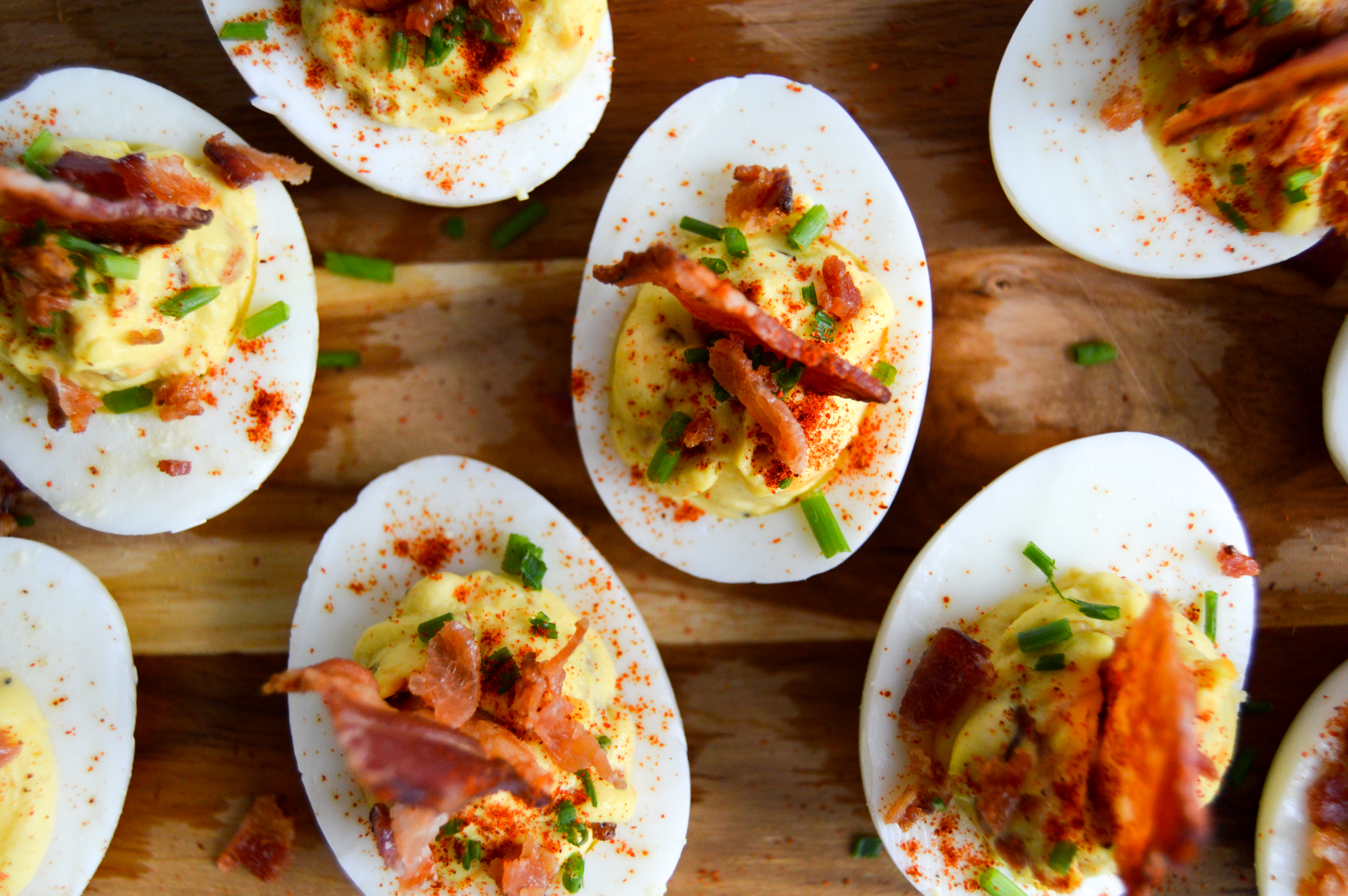 Directions for Bacon Loaded Deviled Eggs - Top with more bacon and add garnish