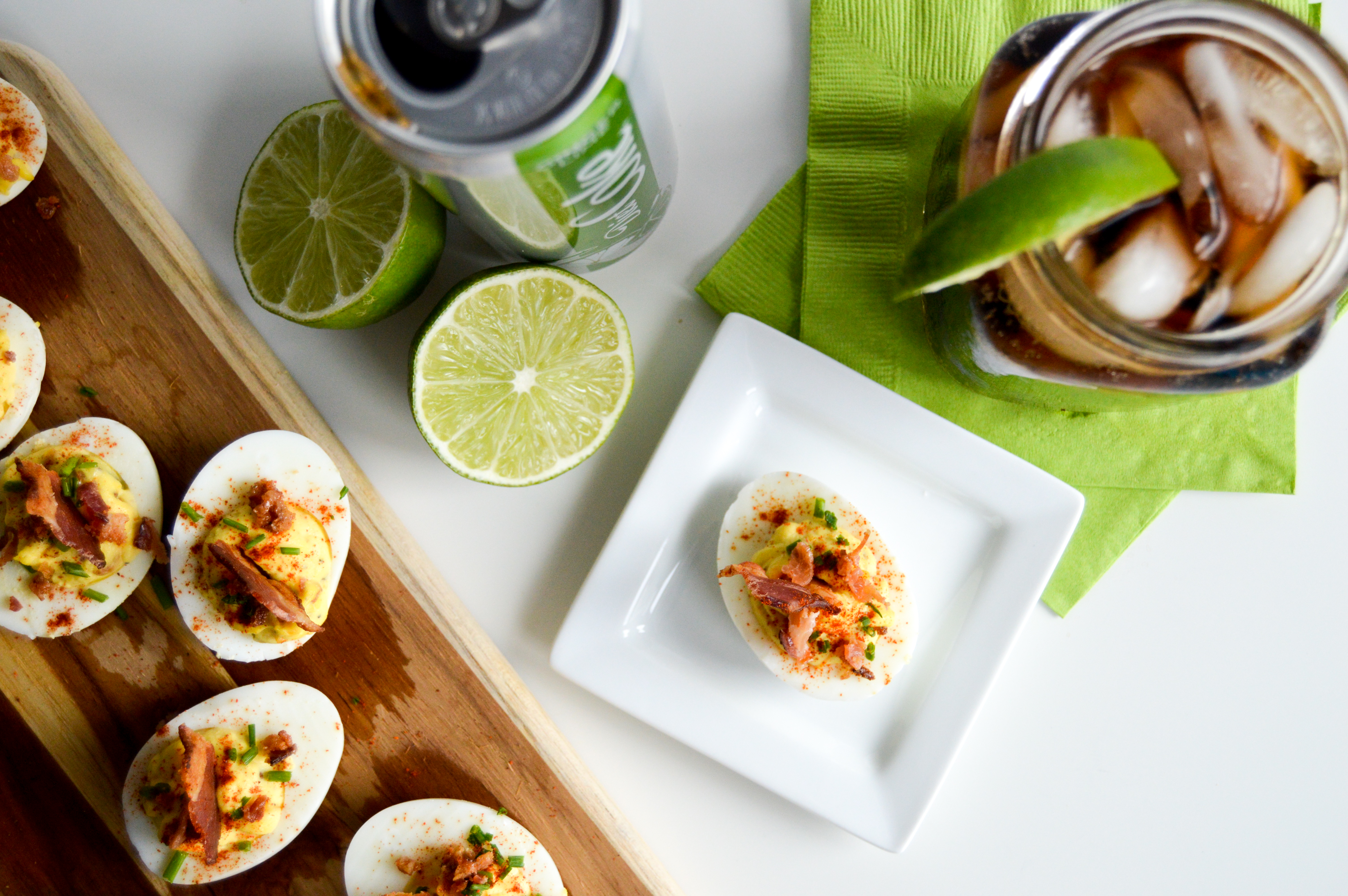 These bacon loaded deviled eggs served with Diet Coke Ginger Lime drinks make for perfect party food.