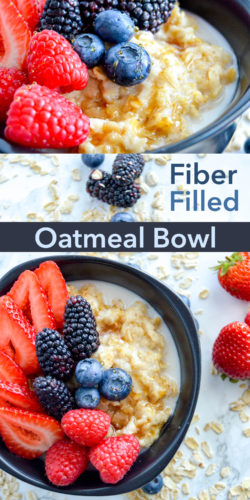 Oatmeal breakfast recipe for a healthy, fiber filled food idea. How to relieve occasional constipation with fiber packed foods and MiraLAX. Healthy, delicious, cheap, easy.