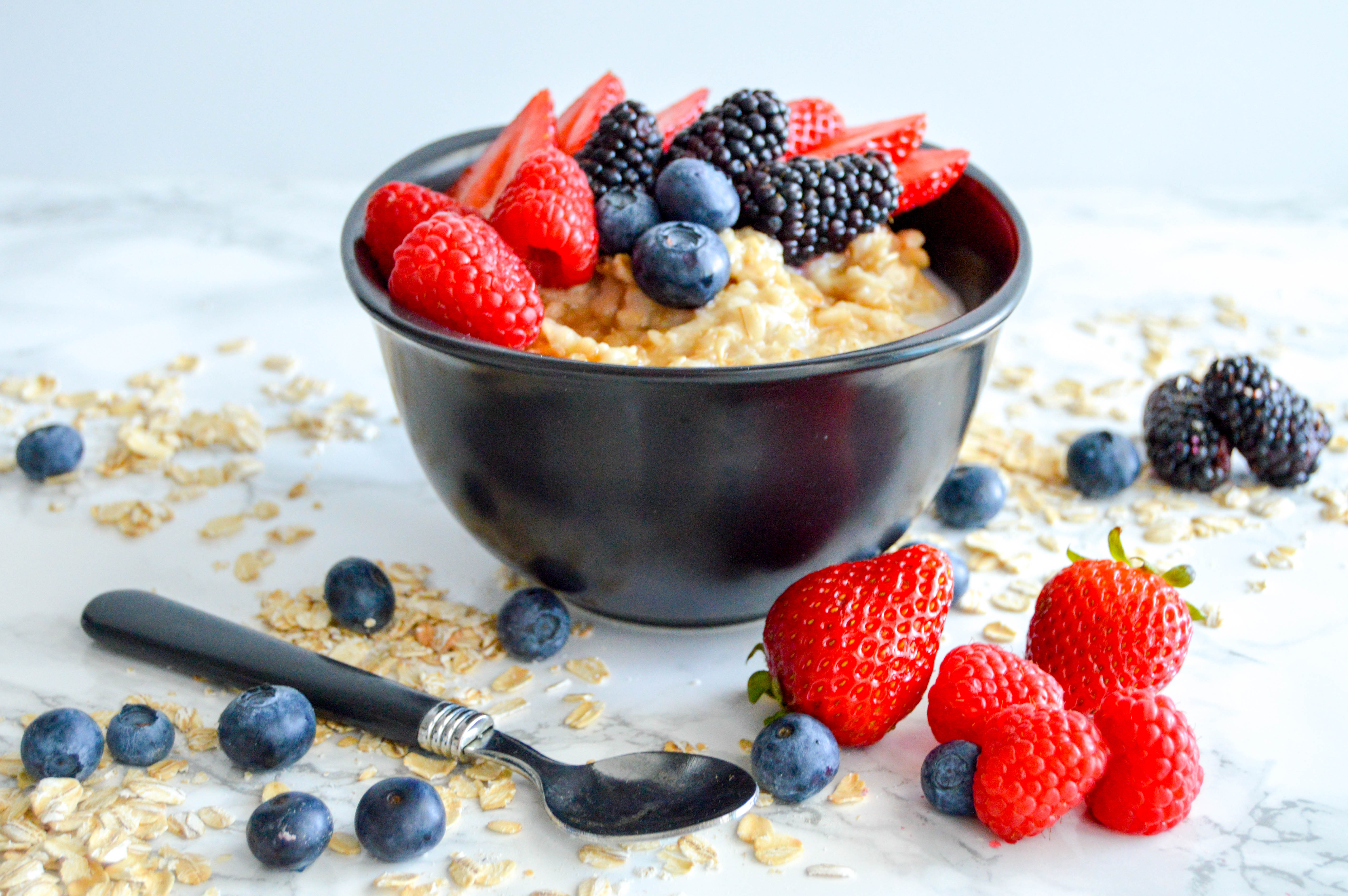 Oatmeal breakfast recipe for a fiber filled food idea. How to relieve occasional constipation with fiber packed foods and MiraLAX. Delicious, cheap, easy.