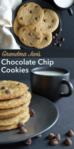 Grandma Jan's recipe. Here are her ingredients and directions for soft, chewy, and gooey milk chocolate chip cookies and butterscotch chip cookies. 