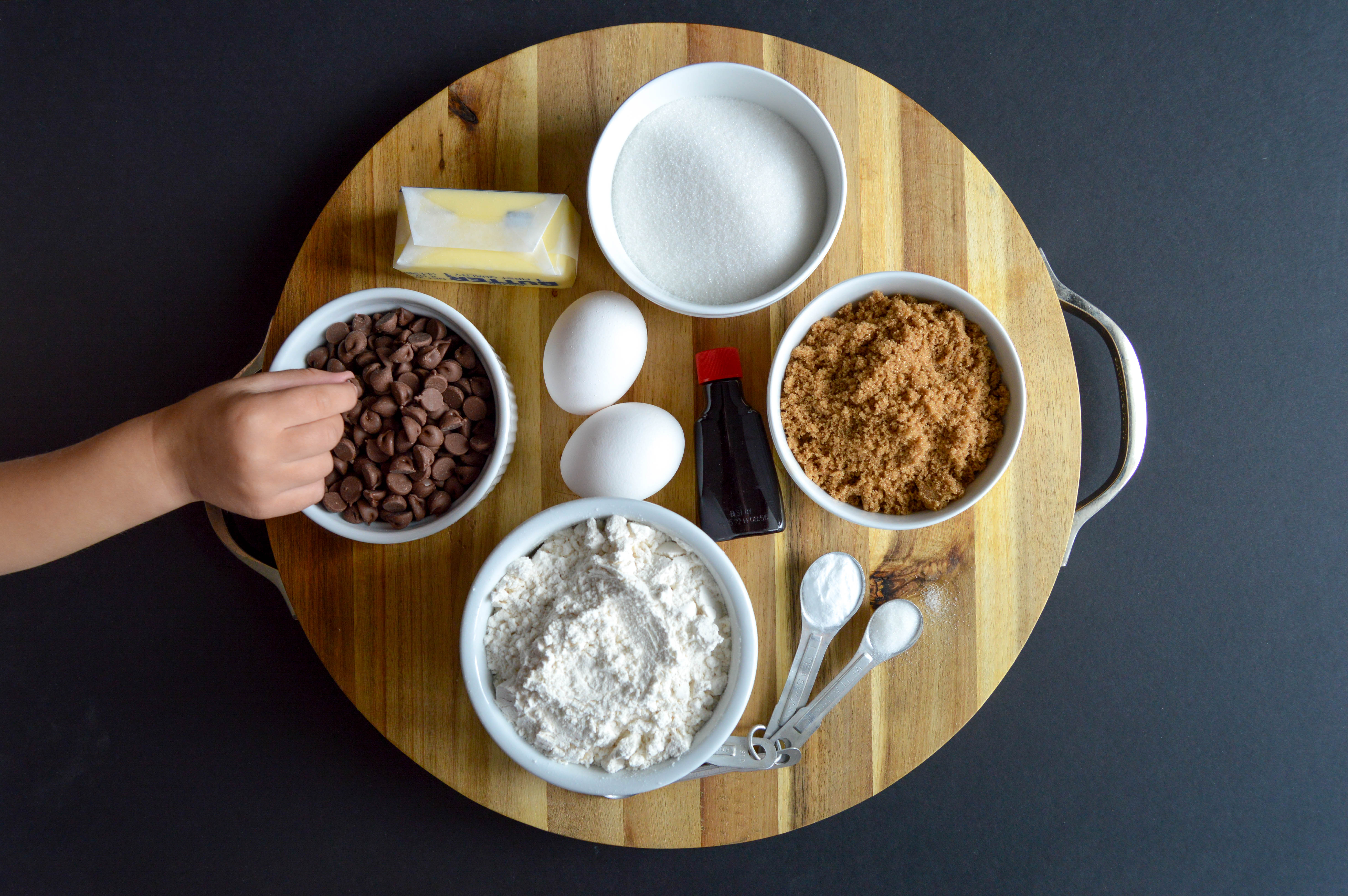 Ingredients for milk chocolate chip cookies.