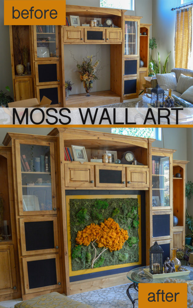 How to make a DIY moss wall art statement piece. How I turned my mom's entertainment center hole into a big (preserved) living wall. Cool yellow moss tree on green moss background. Faux air plants and moss accents on preserved sheet moss background. Driftwood branch for tree. Tips for building your own frame.