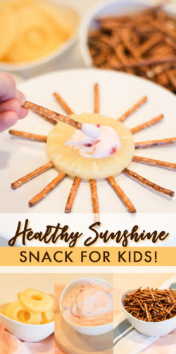 Healthy Sun Snack for Kids | recipe snacks quick easy sunshine weather sunny sunburst pineapple yogurt pretzel fruit