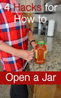Four hacks for how to easily open a jar lid when it is stuck. Using a knife, hot water, the ground, and a jar opener. Kitchen tips and tricks. 