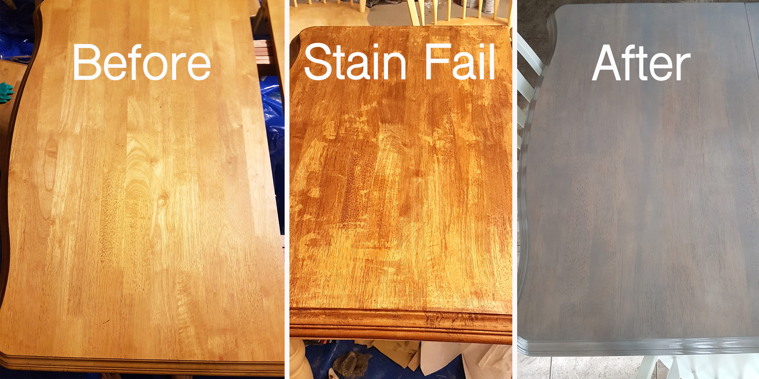 Before and after grey paint wash with stain fail too