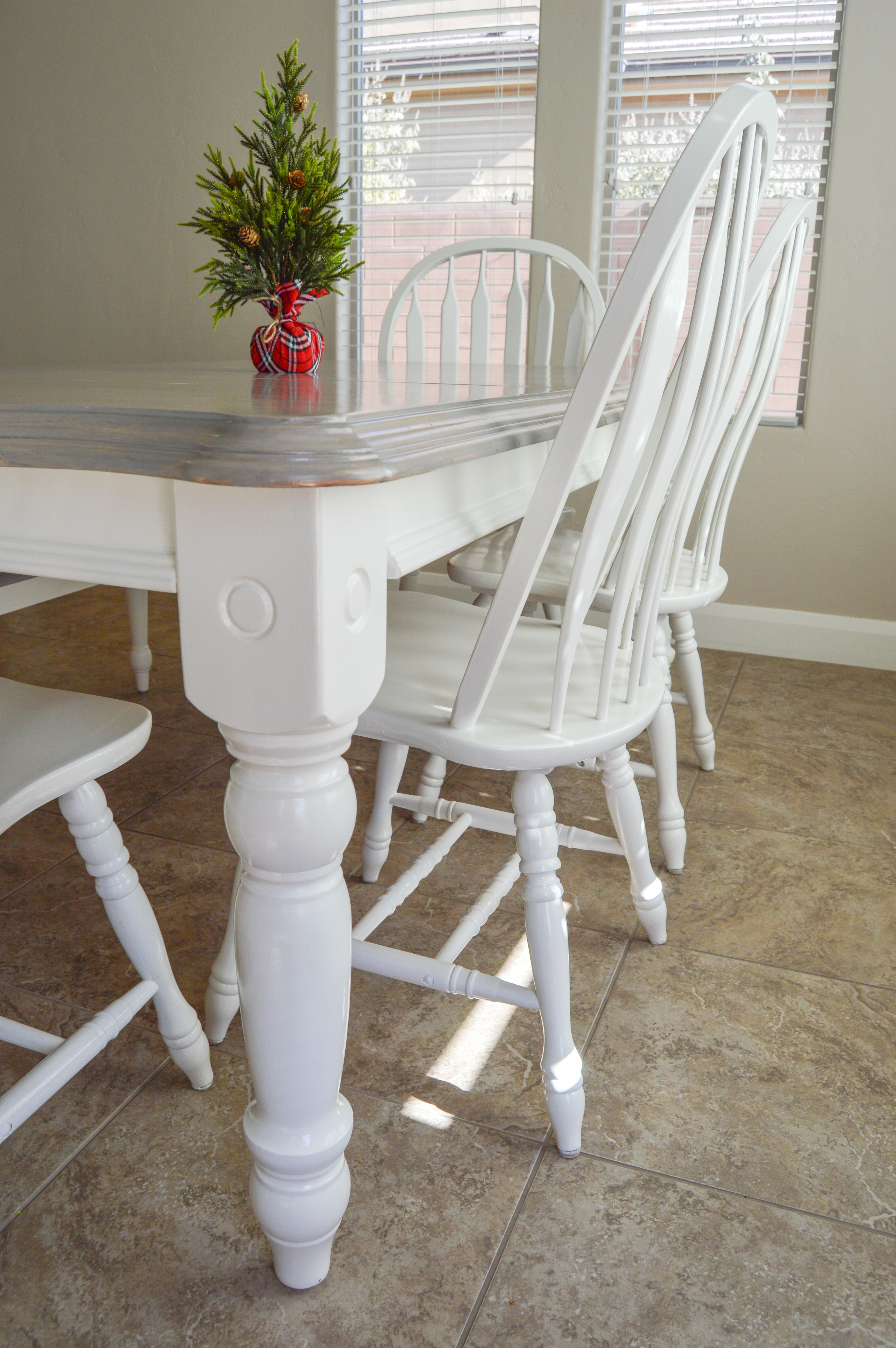 Tips and my process for staining and then painting my dining table and chairs. How to grey paint wash furniture and poly seal it. Dining table makeover.