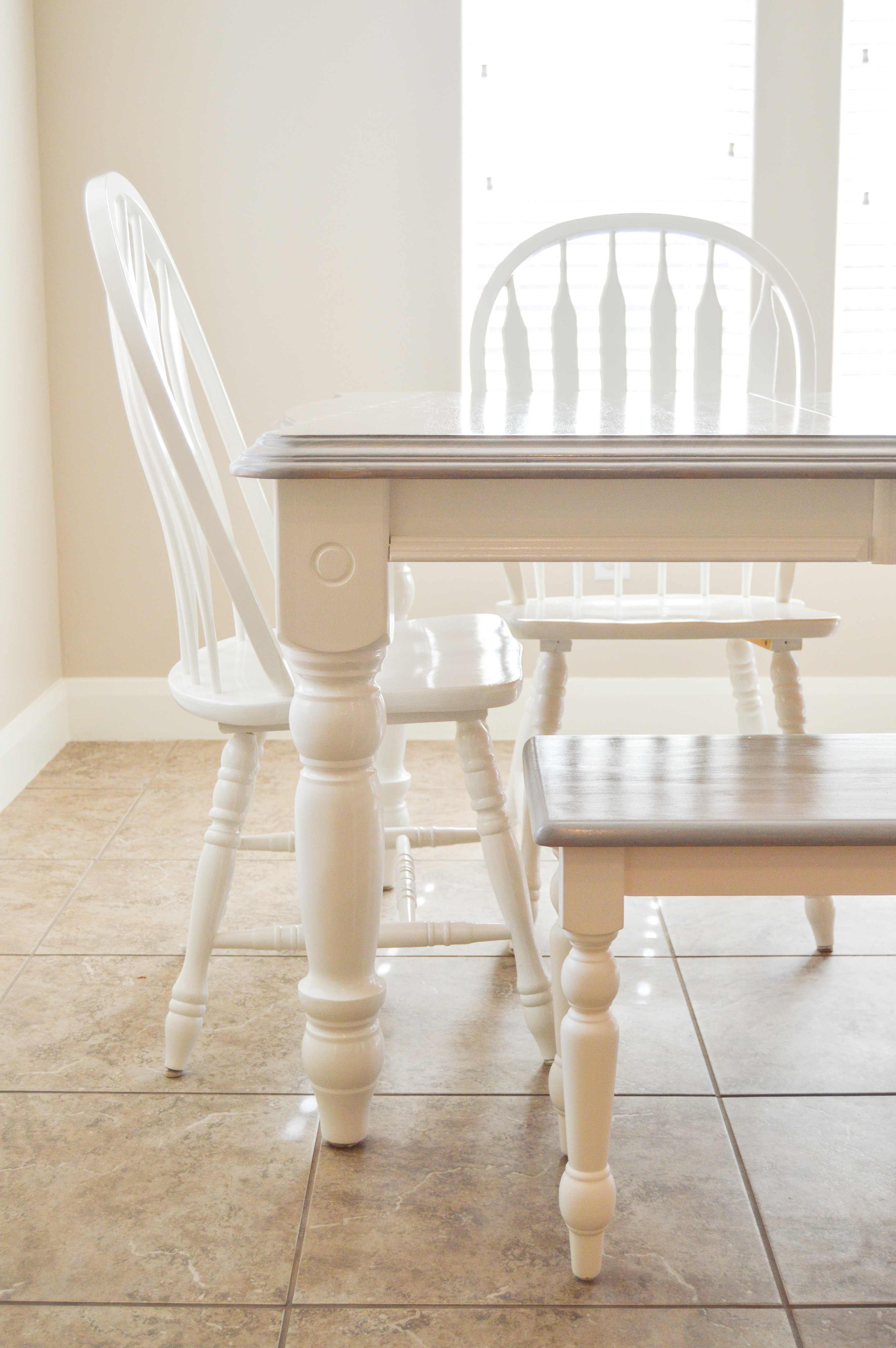 Tips and my process for staining and then painting my dining table and chairs. How to grey paint wash furniture and poly seal it. Dining table makeover.