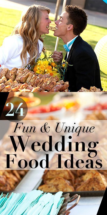 Fun and unique wedding food ideas for your wedding reception or party. Savory and sweet ideas like pasta bar, french toast bar, candy bar, hot chocolate bar, mashtini bar, taco bar, cereal bar, pie bar, and more. Cool wedding party food for guests.