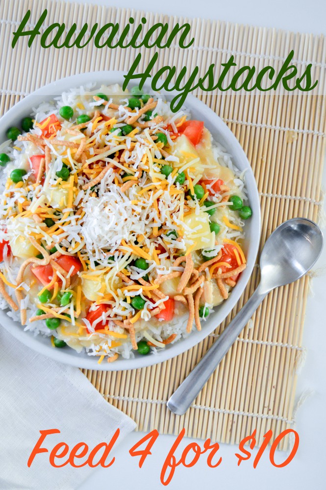Hawaiian haystacks recipe is an easy, budget friendly dinner idea. Bed of rice with chicken gravy and healthy toppings like peas, tomatoes, pineapple, etc.