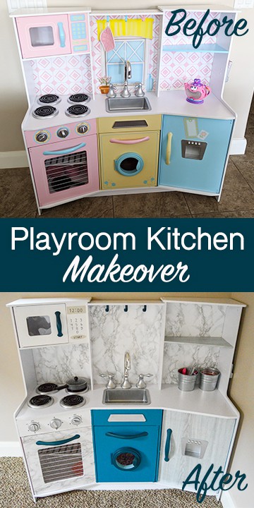 How to do a play kitchen makeover update. Paint, marble and wood wallpaper, and revive an old play kitchen to make it look cute and modern. Like a piece of home decor. Plus our kids' playroom with cube storage shelves, baskets and bins, whimsical art, a bed couch, and a kid friendly modern feel.