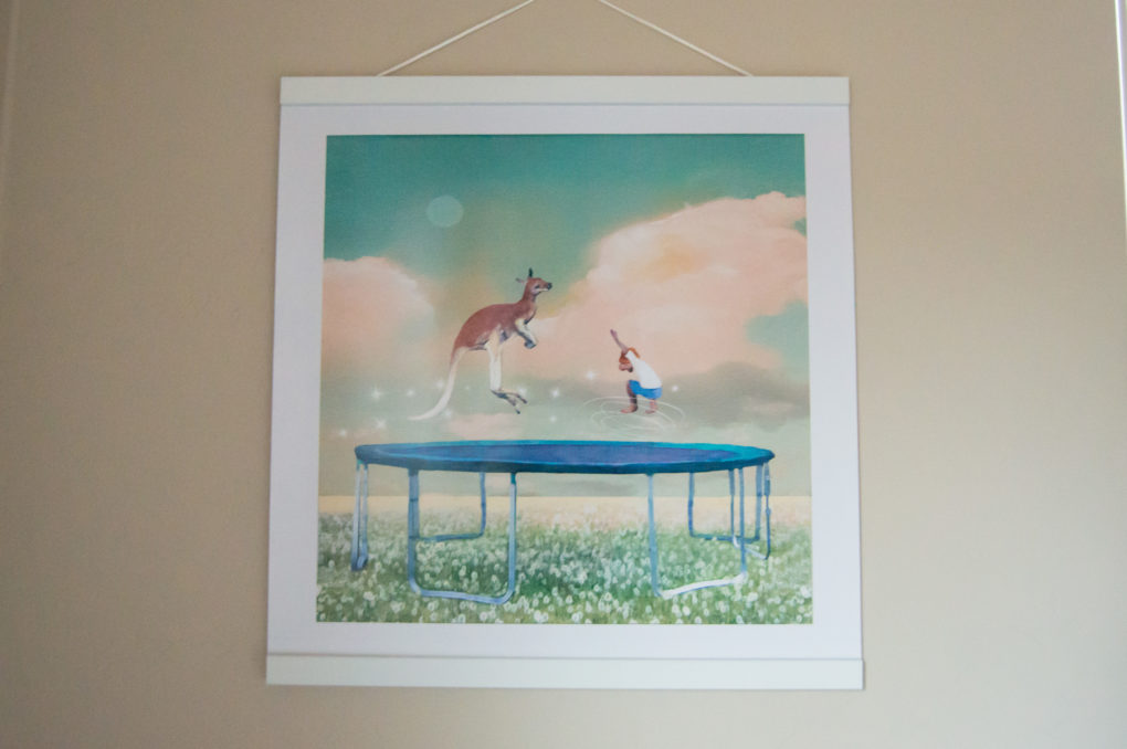 Whimsical art in kids playroom nursery - jumping kangaroo