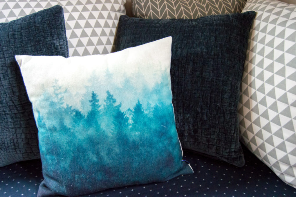 teal forest ombre pillow, navy and grey pillows for kids playroom nursery