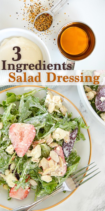 Three ingredient easy salad dressing recipe you can make at home. Mayo and apple cider vinegar base. Great healthy salad topping ideas like feta, strawberries, sliced almonds, etc. Side dish, side salad recipe for lunch or dinner.