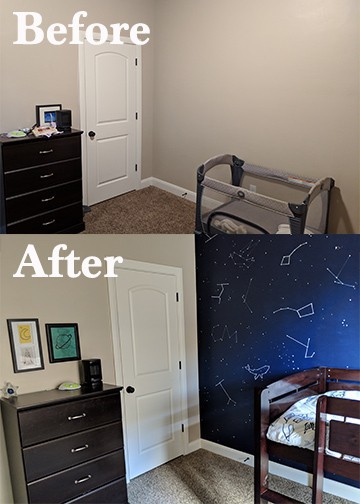 Before & After: DIY Constellation Wall - Constellation mural wall DIY project and tutorial for painting one in your nursery or kids bedroom. Our star and space themed kids bedroom with constellations, stars, astronauts, planets, and counting sheep corner. Two kids in a shared bedroom with a low loft bed and a crib. Neutral decor for both genders, boy and girl.