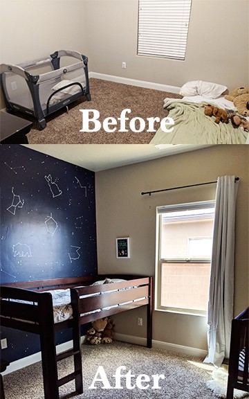 Before & After: DIY Constellation Wall - Constellation mural wall DIY project and tutorial for painting one in your nursery or kids bedroom. Our star and space themed kids bedroom with constellations, stars, astronauts, planets, and counting sheep corner. Two kids in a shared bedroom with a low loft bed and a crib. Neutral decor for both genders, boy and girl.