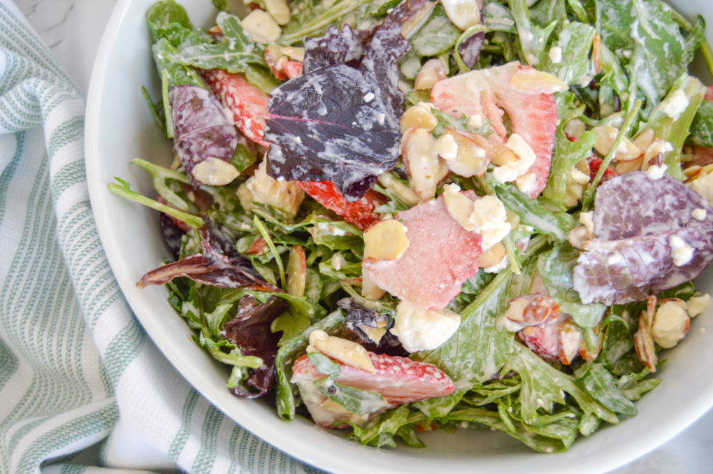 Three ingredient easy salad dressing recipe you can make at home. Great healthy salad topping ideas like feta, strawberries, sliced almonds.