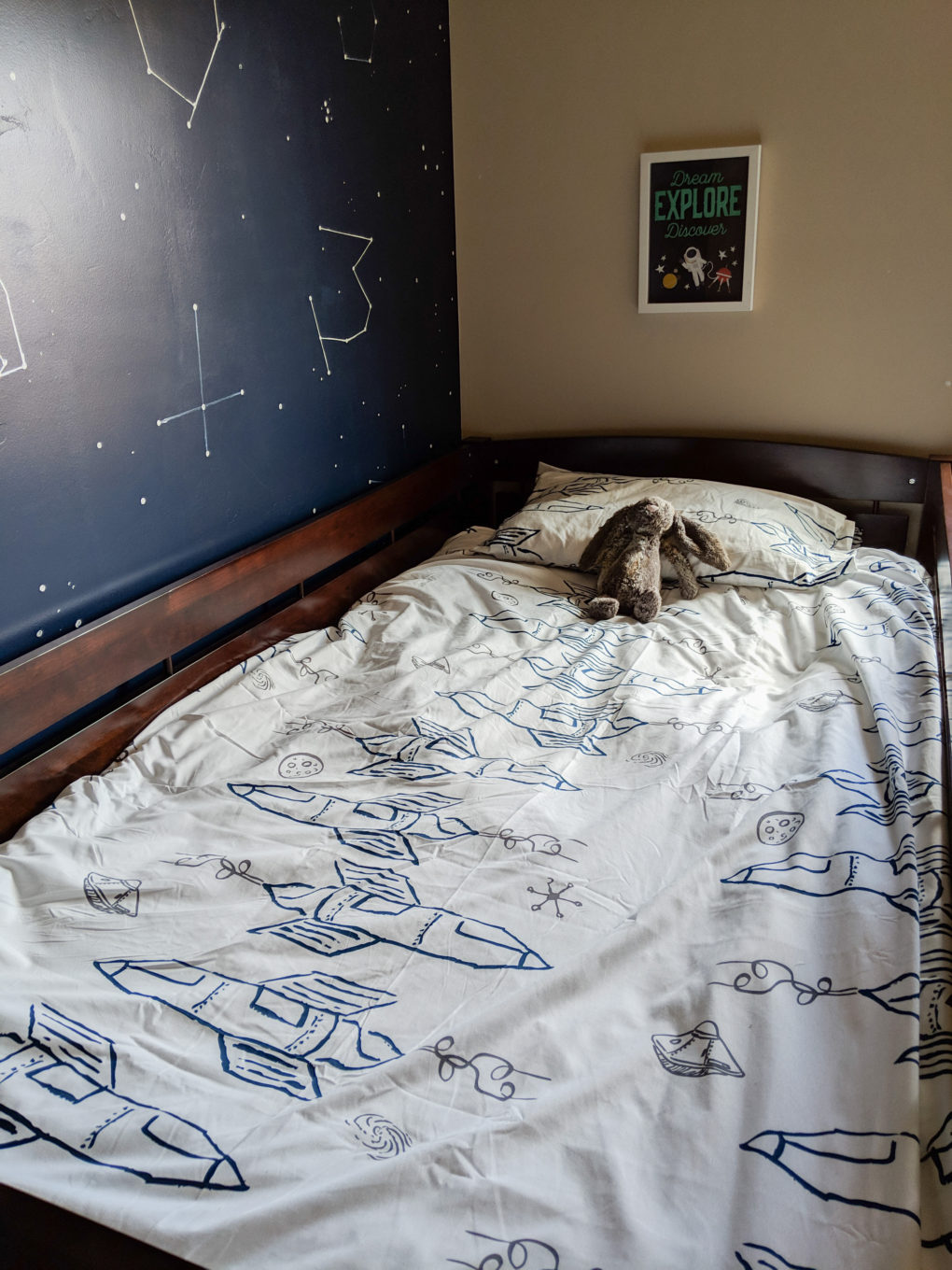 Rocket ship duvet cover for a low loft bed in our space and night sky star themed bedroom.