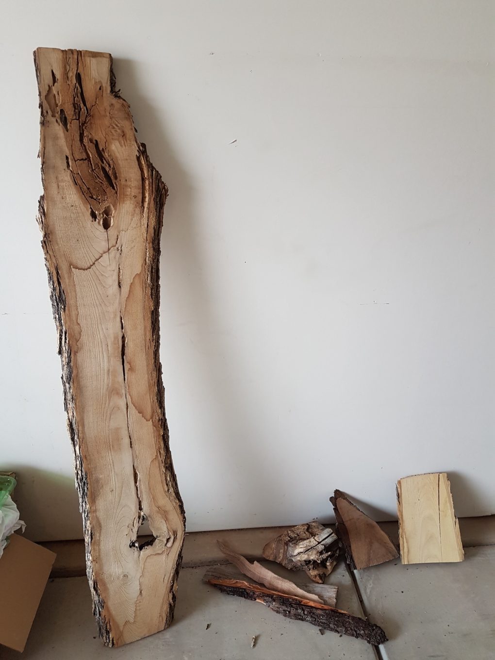 Bringing the live edge wood slab home to hang it as a shelf.