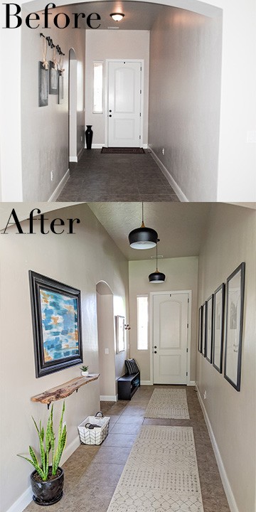 Before and after pictures of long entryway makeover. Transformation of hallway. Modern, boho hallway and long entryway ideas. Our entry hallway makeover including pendant lighting, coat hangers, live edge shelf and large travel gallery.